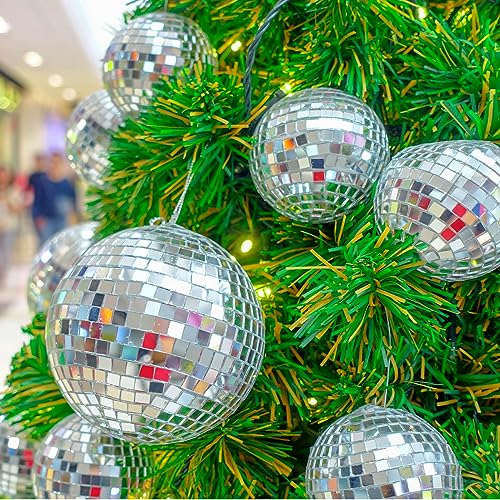 Soaoo 12 Pcs Mirror Disco Balls 2'', 2.4'', 3.2'', 4'' Silver Hanging Disco Light Mirror Ball Glass Decor 70s Disco Ball Ornament Stage Props Game Accessories for Christmas Party or DJ Light Effect