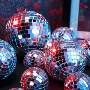 Soaoo 12 Pcs Mirror Disco Balls 2'', 2.4'', 3.2'', 4'' Silver Hanging Disco Light Mirror Ball Glass Decor 70s Disco Ball Ornament Stage Props Game Accessories for Christmas Party or DJ Light Effect