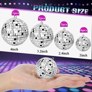 Soaoo 12 Pcs Mirror Disco Balls 2'', 2.4'', 3.2'', 4'' Silver Hanging Disco Light Mirror Ball Glass Decor 70s Disco Ball Ornament Stage Props Game Accessories for Christmas Party or DJ Light Effect