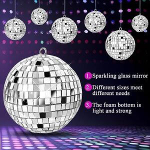 Soaoo 12 Pcs Mirror Disco Balls 2'', 2.4'', 3.2'', 4'' Silver Hanging Disco Light Mirror Ball Glass Decor 70s Disco Ball Ornament Stage Props Game Accessories for Christmas Party or DJ Light Effect