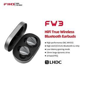 FiiO FW3 True Wireless Earbud, Bluetooth 5.2 LDAC/aptX Adaptive, 10mm Drivers with Big Bass, App for Custom EQ, 21H Playtime (Grey)