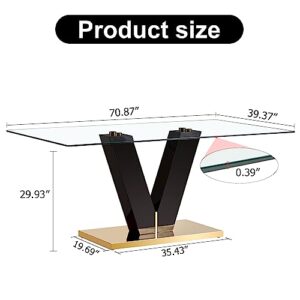 Modern Glass Dining Table for 8, Rectangle Glass Dining Room Table with Large Tempered Glass Tabletop & V Shaped Wood Frame, Golden Pedestal Base, 70.87" Glass Top Dining Table for Dining Room Kitchen