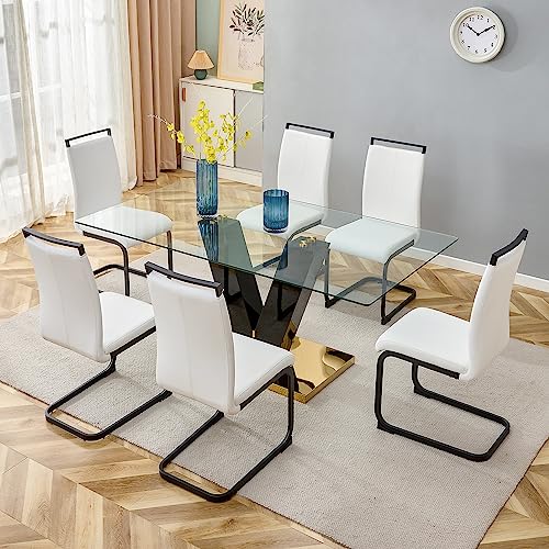 Modern Glass Dining Table for 8, Rectangle Glass Dining Room Table with Large Tempered Glass Tabletop & V Shaped Wood Frame, Golden Pedestal Base, 70.87" Glass Top Dining Table for Dining Room Kitchen