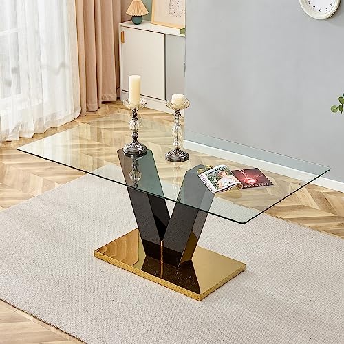 Modern Glass Dining Table for 8, Rectangle Glass Dining Room Table with Large Tempered Glass Tabletop & V Shaped Wood Frame, Golden Pedestal Base, 70.87" Glass Top Dining Table for Dining Room Kitchen