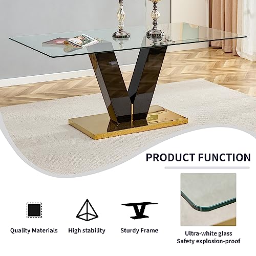 Modern Glass Dining Table for 8, Rectangle Glass Dining Room Table with Large Tempered Glass Tabletop & V Shaped Wood Frame, Golden Pedestal Base, 70.87" Glass Top Dining Table for Dining Room Kitchen