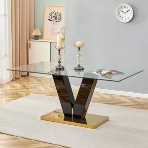 Modern Glass Dining Table for 8, Rectangle Glass Dining Room Table with Large Tempered Glass Tabletop & V Shaped Wood Frame, Golden Pedestal Base, 70.87" Glass Top Dining Table for Dining Room Kitchen