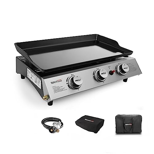 Royal Gourmet PD1300C 3-Burner Portable Propane Griddle, Regulator, Cover and Carry Bag Included, Tabletop Gas Grill, Outdoor Camping Cooking, Tailgating, Black