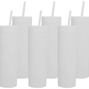 Skinny Tumblers with Lids and Straws Bulk.Matte White Slim Tumbler Cups with Straws.22 oz Plastic Pastel Double Walled Acrylic Skinny Tumbler Set for Smoothie Ice Coffee.Customizable DIY Gift.