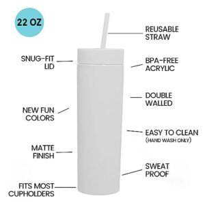 Skinny Tumblers with Lids and Straws Bulk.Matte White Slim Tumbler Cups with Straws.22 oz Plastic Pastel Double Walled Acrylic Skinny Tumbler Set for Smoothie Ice Coffee.Customizable DIY Gift.