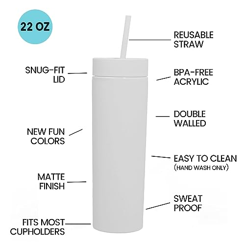 Skinny Tumblers with Lids and Straws Bulk.Matte White Slim Tumbler Cups with Straws.22 oz Plastic Pastel Double Walled Acrylic Skinny Tumbler Set for Smoothie Ice Coffee.Customizable DIY Gift.