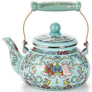 pumtus 2.6 quart vintage enamel tea kettle, large enameled floral teapot, flower enamel on steel tea pot coffee pot with ceramic cool handle for stovetop, hot water, gift, retro decor, no whistling