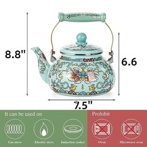 Pumtus 2.6 Quart Vintage Enamel Tea Kettle, Large Enameled Floral Teapot, Flower Enamel on Steel Tea Pot Coffee Pot with Ceramic Cool Handle for Stovetop, Hot Water, Gift, Retro Decor, No Whistling