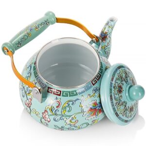 Pumtus 2.6 Quart Vintage Enamel Tea Kettle, Large Enameled Floral Teapot, Flower Enamel on Steel Tea Pot Coffee Pot with Ceramic Cool Handle for Stovetop, Hot Water, Gift, Retro Decor, No Whistling