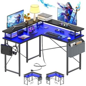 armocity l shaped computer desk with power outlets, 40 inch gaming desk l shaped with led lights, corner desk with storage shelves, work study desk for bedroom, home office small spaces, black