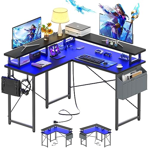 armocity L Shaped Computer Desk with Power Outlets, 40 Inch Gaming Desk L Shaped with LED Lights, Corner Desk with Storage Shelves, Work Study Desk for Bedroom, Home Office Small Spaces, Black