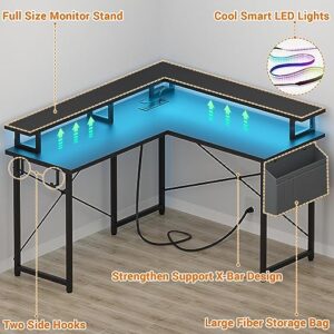 armocity L Shaped Computer Desk with Power Outlets, 40 Inch Gaming Desk L Shaped with LED Lights, Corner Desk with Storage Shelves, Work Study Desk for Bedroom, Home Office Small Spaces, Black