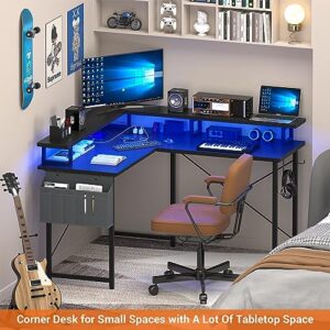armocity L Shaped Computer Desk with Power Outlets, 40 Inch Gaming Desk L Shaped with LED Lights, Corner Desk with Storage Shelves, Work Study Desk for Bedroom, Home Office Small Spaces, Black