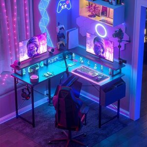 armocity L Shaped Computer Desk with Power Outlets, 40 Inch Gaming Desk L Shaped with LED Lights, Corner Desk with Storage Shelves, Work Study Desk for Bedroom, Home Office Small Spaces, Black