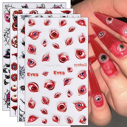 JMEOWIO 3D Embossed Halloween Nail Art Stickers Decals Self-Adhesive Pegatinas Uñas 5D Skull Horror Evil Eyes Bat Ghost Nail Supplies Nail Art Design Decoration Accessories 4 Sheets