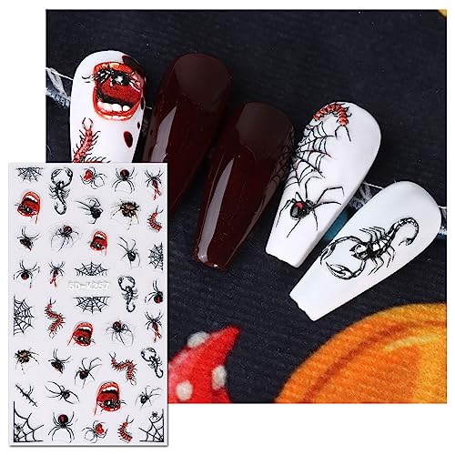 JMEOWIO 3D Embossed Halloween Nail Art Stickers Decals Self-Adhesive Pegatinas Uñas 5D Skull Horror Evil Eyes Bat Ghost Nail Supplies Nail Art Design Decoration Accessories 4 Sheets