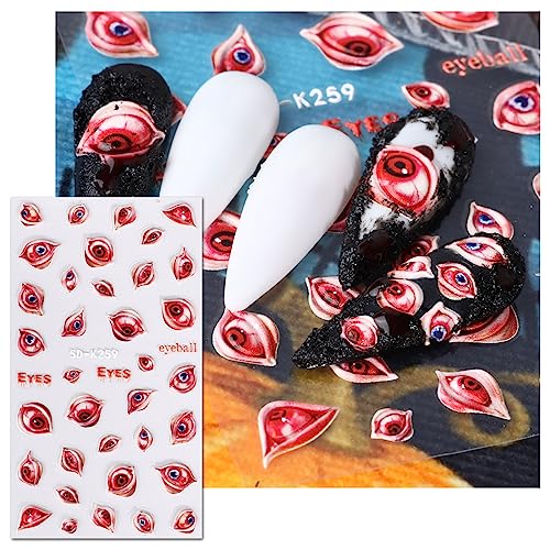 JMEOWIO 3D Embossed Halloween Nail Art Stickers Decals Self-Adhesive Pegatinas Uñas 5D Skull Horror Evil Eyes Bat Ghost Nail Supplies Nail Art Design Decoration Accessories 4 Sheets