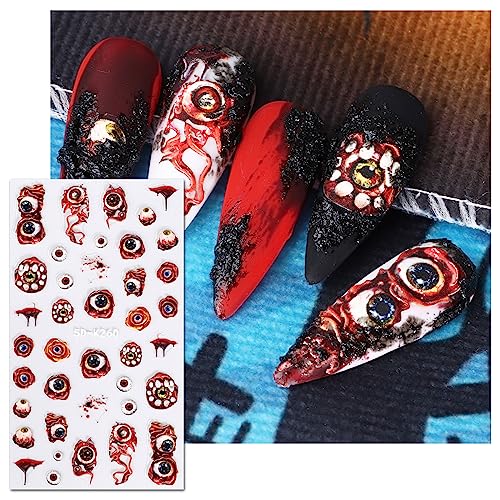 JMEOWIO 3D Embossed Halloween Nail Art Stickers Decals Self-Adhesive Pegatinas Uñas 5D Skull Horror Evil Eyes Bat Ghost Nail Supplies Nail Art Design Decoration Accessories 4 Sheets