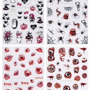 JMEOWIO 3D Embossed Halloween Nail Art Stickers Decals Self-Adhesive Pegatinas Uñas 5D Skull Horror Evil Eyes Bat Ghost Nail Supplies Nail Art Design Decoration Accessories 4 Sheets