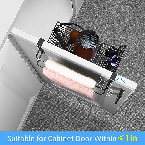 Hair Dryer Holder with Over The Cabinet Door Towel Bar,Hair Tool Organizer for Bathroom Cabinet Door Storage Organizer,Adjustable Height 3-in-1 Blow Dryer Holder,Flat Irons,Curling Irons Organizer