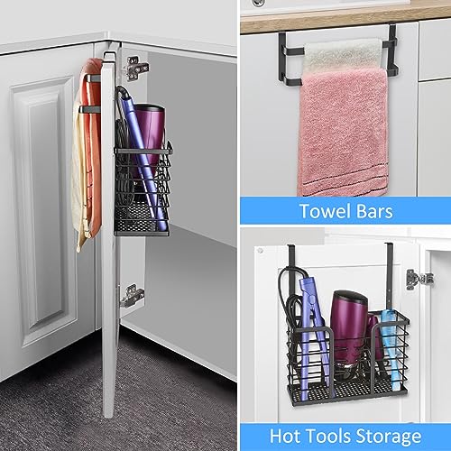 Hair Dryer Holder with Over The Cabinet Door Towel Bar,Hair Tool Organizer for Bathroom Cabinet Door Storage Organizer,Adjustable Height 3-in-1 Blow Dryer Holder,Flat Irons,Curling Irons Organizer