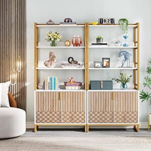 Tribesigns Gold Bookshelf with Doors, 70.8 Inch Tall Modern Etagere Bookcase with Storage Cabinet, 4 Tier Book Shelves Open Display Shelf for Living Room, Bedroom, Home Office(White)