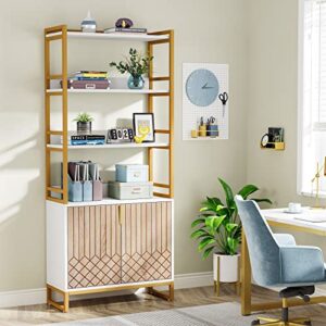 Tribesigns Gold Bookshelf with Doors, 70.8 Inch Tall Modern Etagere Bookcase with Storage Cabinet, 4 Tier Book Shelves Open Display Shelf for Living Room, Bedroom, Home Office(White)