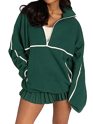 VNIRA Women’s Oversized Sweatshirt Fleece Crew Neck Long Sleeve Half Zip Casual Pullover Hoodie Tops Fall Y2K Clothes Deep Green