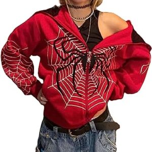 Rvnsu Women Y2K Spider Web Hoodies Gothic Full Zip Up Hoodie Punk Jackets Graphic Sweatshirt Hoodies(Red,M)