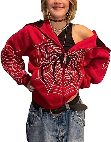 Rvnsu Women Y2K Spider Web Hoodies Gothic Full Zip Up Hoodie Punk Jackets Graphic Sweatshirt Hoodies(Red,M)