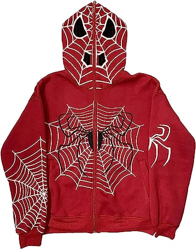 Rvnsu Women Y2K Spider Web Hoodies Gothic Full Zip Up Hoodie Punk Jackets Graphic Sweatshirt Hoodies(Red,M)