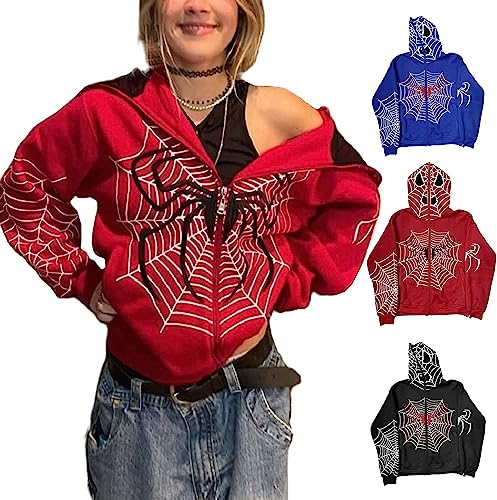 Rvnsu Women Y2K Spider Web Hoodies Gothic Full Zip Up Hoodie Punk Jackets Graphic Sweatshirt Hoodies(Red,M)