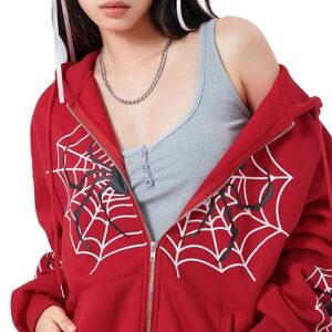 Rvnsu Women Y2K Spider Web Hoodies Gothic Full Zip Up Hoodie Punk Jackets Graphic Sweatshirt Hoodies(Red,M)