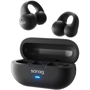 sanag open ear wireless earbuds bluetooth 5.3 clip on earphones small bone conduction headphones with microphone 24hrs playback charging case waterproof for gym workout running sport