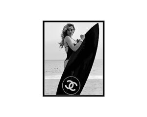 poster master vintage photograph poster - fashion print - 8x10 unframed wall art - gift for artist, friend - woman holding black surfboard, feminist, luxury brand - wall decor for home, living room