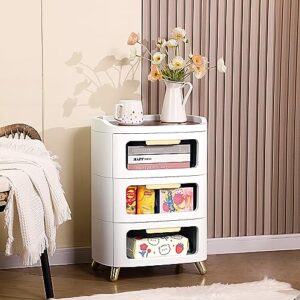 funest nightstand, 3-tier storage end table, white bedside with drawers for bedroom, cabinet stand by sofa, plastic frame/removable wood top panel/oval visual sideboard