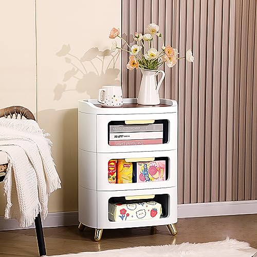 funest Nightstand, 3-Tier Storage End Table, White Bedside with Drawers for Bedroom, Cabinet Stand by Sofa, Plastic Frame/Removable Wood Top Panel/Oval Visual Sideboard