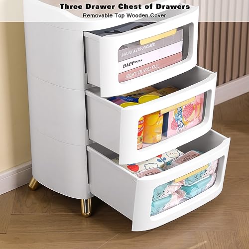 funest Nightstand, 3-Tier Storage End Table, White Bedside with Drawers for Bedroom, Cabinet Stand by Sofa, Plastic Frame/Removable Wood Top Panel/Oval Visual Sideboard