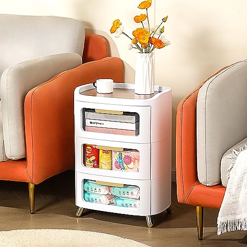 funest Nightstand, 3-Tier Storage End Table, White Bedside with Drawers for Bedroom, Cabinet Stand by Sofa, Plastic Frame/Removable Wood Top Panel/Oval Visual Sideboard