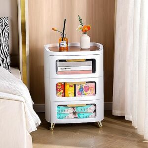 funest Nightstand, 3-Tier Storage End Table, White Bedside with Drawers for Bedroom, Cabinet Stand by Sofa, Plastic Frame/Removable Wood Top Panel/Oval Visual Sideboard