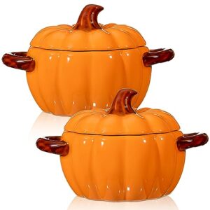 uiifan 2 pcs pumpkin bowls ceramic pumpkin dish casserole cookware 17 oz pumpkin pots for cooking orange cute pumpkin bowl safe oven pot with lid double ear for halloween thanksgiving baking