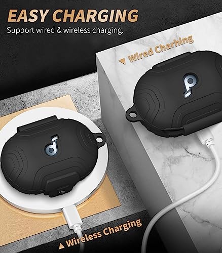 [Newest Secure Lock] Alquar for Anker Soundcore Space A40 Case Cover, Silicone Protective Scratch Shock Cover ONLY Compatible with Anker Soundcore Space A40 Earbuds Charging Case with Carabiner(Black)