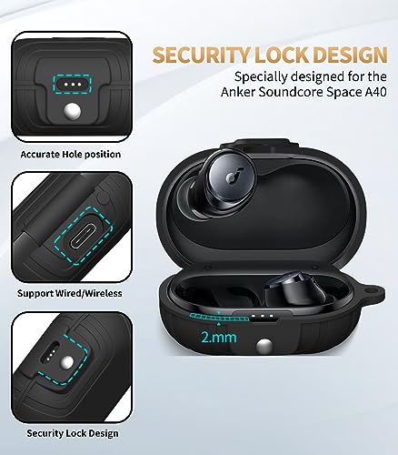 [Newest Secure Lock] Alquar for Anker Soundcore Space A40 Case Cover, Silicone Protective Scratch Shock Cover ONLY Compatible with Anker Soundcore Space A40 Earbuds Charging Case with Carabiner(Black)