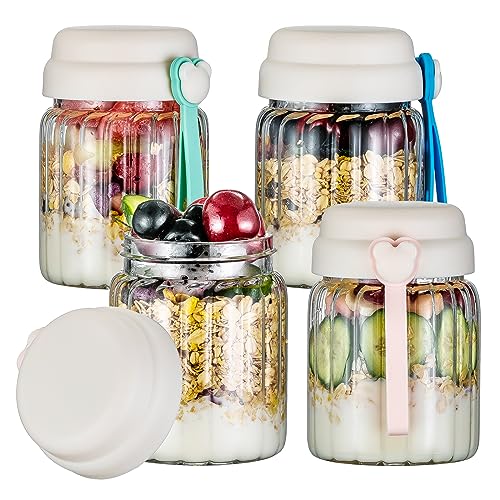 4 Pack Overnight Oats Containers with Lids and 1 Folding Spoons, 13 oz Glass Mason Overnight Oats Jars, Airtight Jars for Overnight Oats Meal Prep Chia Yogurt Salad Fruit with Carrying Cord