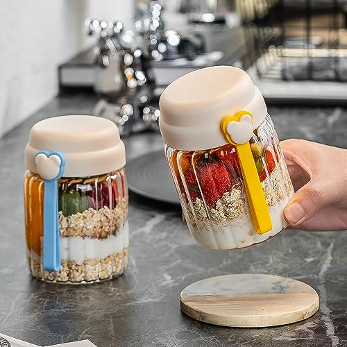 4 Pack Overnight Oats Containers with Lids and 1 Folding Spoons, 13 oz Glass Mason Overnight Oats Jars, Airtight Jars for Overnight Oats Meal Prep Chia Yogurt Salad Fruit with Carrying Cord