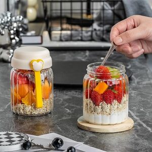 4 Pack Overnight Oats Containers with Lids and 1 Folding Spoons, 13 oz Glass Mason Overnight Oats Jars, Airtight Jars for Overnight Oats Meal Prep Chia Yogurt Salad Fruit with Carrying Cord